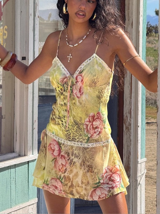 Princess Polly Dresses & Skirts - Princess Polly Yellow Floral & Leopard Print Slip Dress